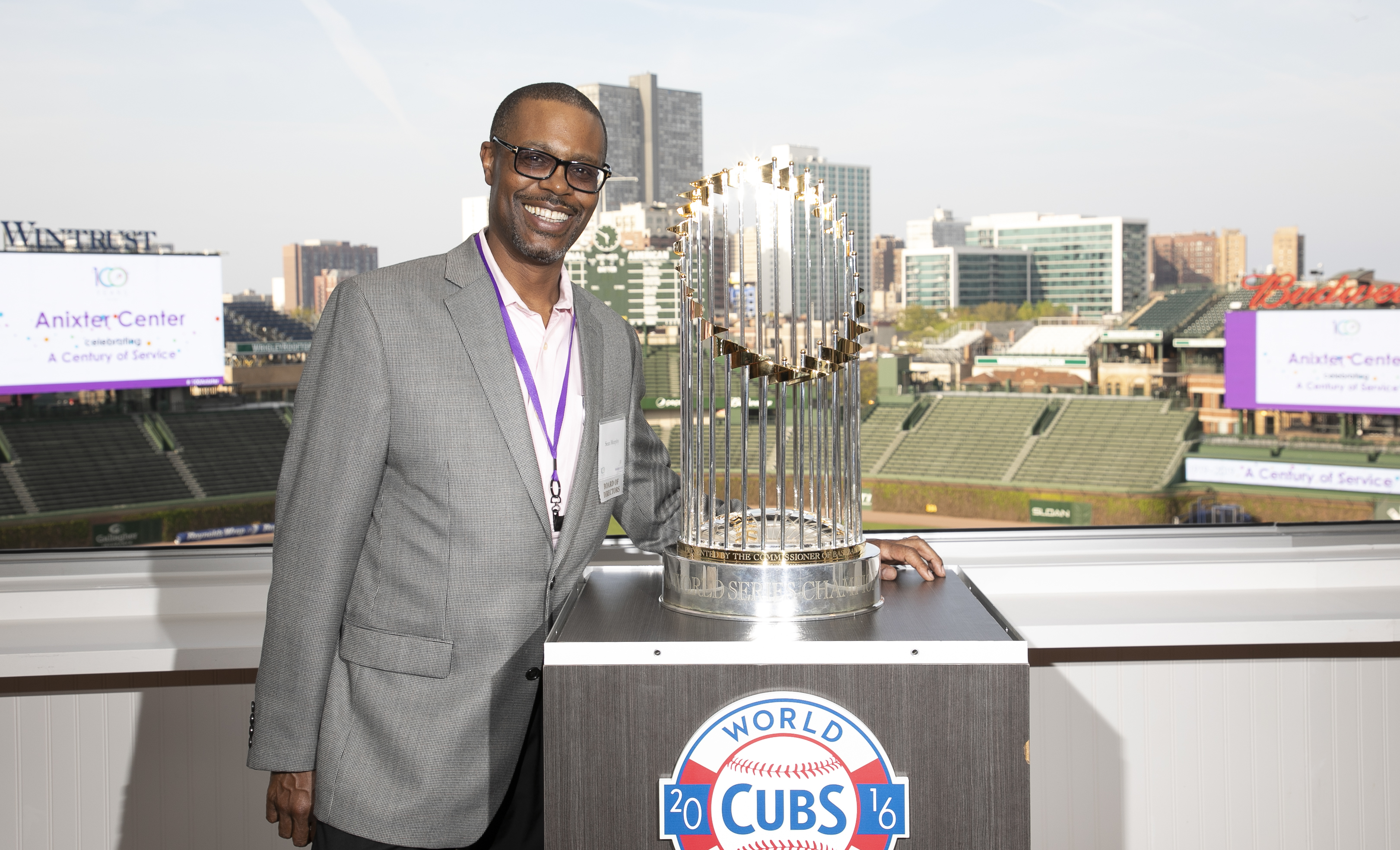 man with world series trophy