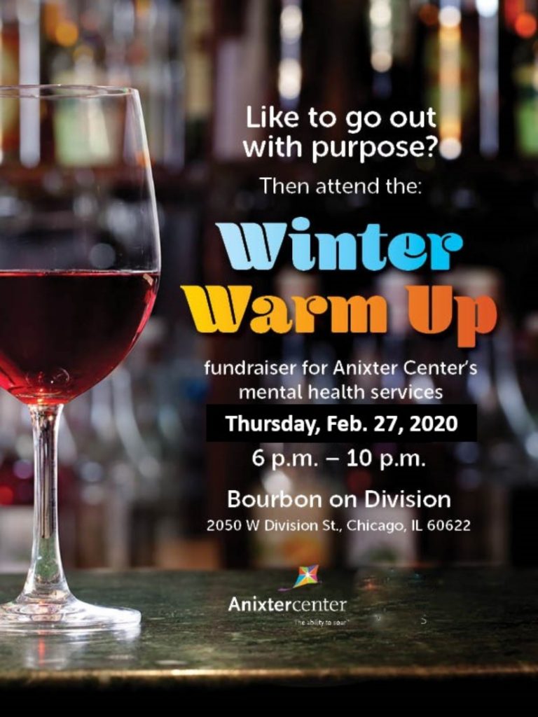 Winter Warm Up Flyer shows a glass of red wine placed on the bar top