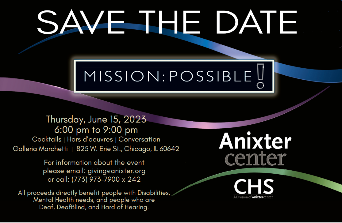 Anixter's Save the Date graphic that includes the event information. The event is June 15th from 6:00 PM - 9:00 PM at Galleria Marchetti in Chicago.